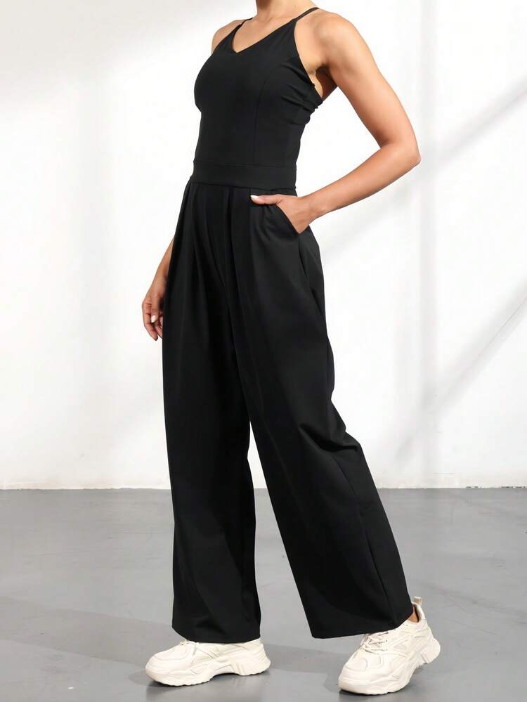 Women's Casual Pleated Loose Straight Leg Pants With Adjustable Shoulder Straps, Suitable For Spring And Summer Sports And Leisure Daily Travel, High-End Wide Leg Front Zipper Sleeveless Jumpsuit, Sexy Shoulder Strap Wide Leg Jumpsuit - 黑色 - 查看 7