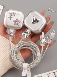 5 件套银色 TPU 手机壳，带粉色水钻五角星和 3D 心形充电器保护器，兼容 20W 英国插头适配器电缆保护器充电器配件手机配件