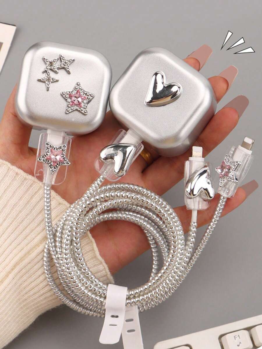 5 件套银色 TPU 手机壳，带粉色水钻五角星和 3D 心形充电器保护器，兼容 20W 英国插头适配器电缆保护器充电器配件手机配件
