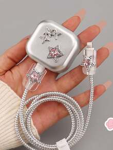 5 件套银色 TPU 手机壳，带粉色水钻五角星和 3D 心形充电器保护器，兼容 20W 英国插头适配器电缆保护器充电器配件手机配件