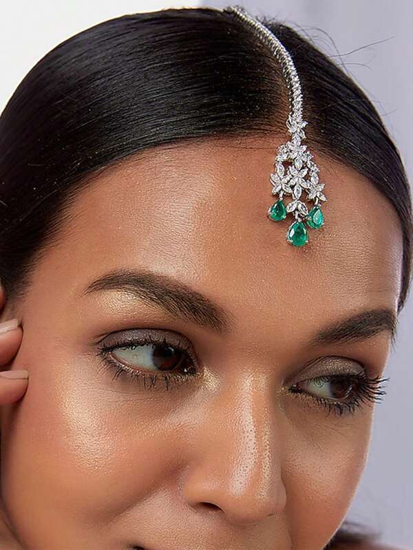 1pc New Arrival Zirconia Green Water Drop Forehead Hair Chain, High-End European And American Style, Traditional Headdress