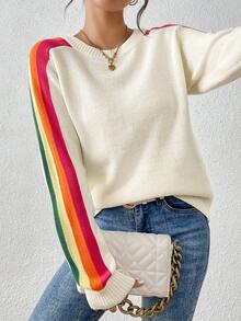 Áo len nữ dài tay cổ tròn kẻ sọc cầu vồng nhiều màu sắc, kiểu dáng thường ngày, màu trắng thu đông. - trắng - Xem 8