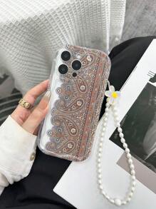 Funda de teléfono con pintura floral de borde ondulado con textura de crema y pulsera hecha a mano con cuentas, compatible con iPhone 16/11/16pro/16plus/16promax/16e/15Promax/13/14/12/XS/XR/7G/8P, Galaxy 11/12Pro/12/12X/13Pro/14Pro/15Pro/X3pro/, Redmi 10/9/Note9/12c/Note11pro/Note8Pro/9C/9a