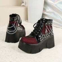 Women's Gothic Punk Style Platform Ankle Boots, Metal Chain Lace-Up Side Zipper Design, Fashionable And Bold, Suitable For Festivals, Parties, Daily Outdoor Casual Wear, All Season