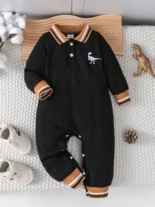 Cute Casual Half Open Front Ribbed Collar Embroidered Little Dinosaur Baby Romper