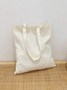 1 件时尚简约纯色手提包大容量双手柄购物袋便携式纺织单肩手提包适合女孩、女士和大学生适合户外、旅行、度假、购物 - 米色 - 查看 7