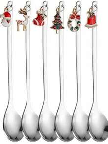 6PCS不锈钢圣诞勺高美咖啡勺甜品勺叉跨境圣诞挂件勺叉手持礼物精美圣诞节咖啡勺水果叉餐具套装 - 彩色 - 查看 15