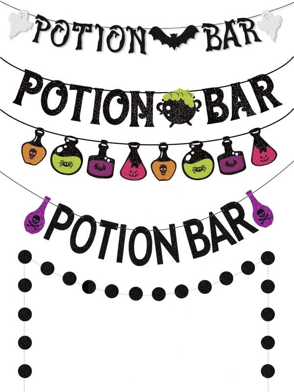 Potion Bar Glitter Banner Halloween Hanging Decorations, Poison Bottle Potion Bat Bad Witch Theme Garland Banner, Halloween Holiday Party Decor Supplies