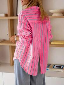 Women's Casual Striped Pocket Front Button Back Button Long Sleeve Shirt - Pink - View 2