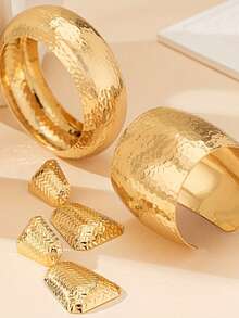 4pcs Vintage Sexy Women'S Jewelry Set, Texture Wide Cuff Bracelet, Open Bangle, And Geometric Stud Earrings, All-Season Gift For Valentine'S Day, Parties, And Daily Wear - Vàng - Xem 3