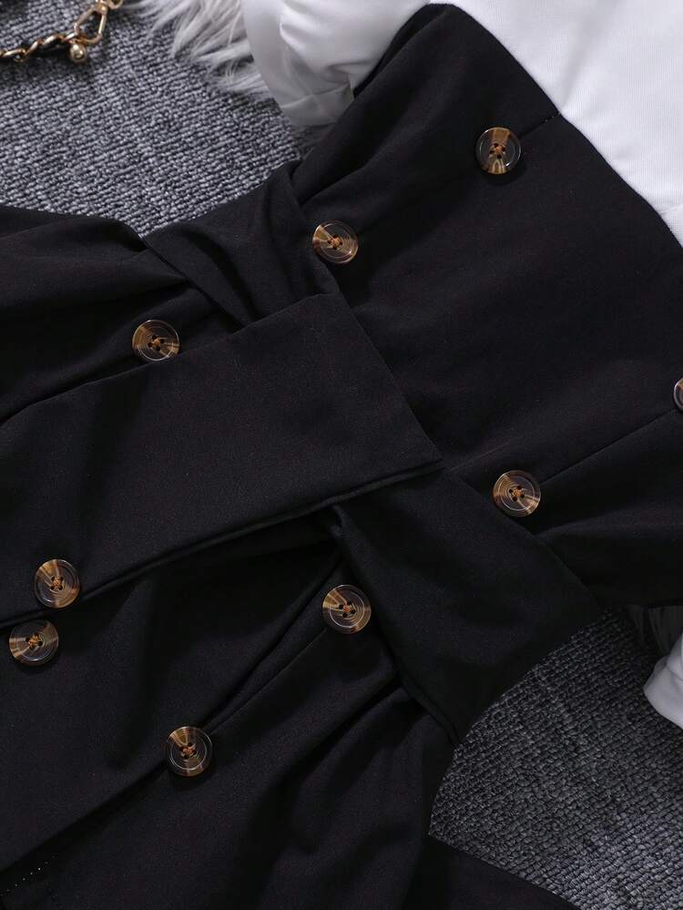 2pcs Girls' Lantern Sleeve Polo Collar Top & Wide Leg Pants Set, Casual/Party/Performance Outfit, Spring/Summer - Black - View 7