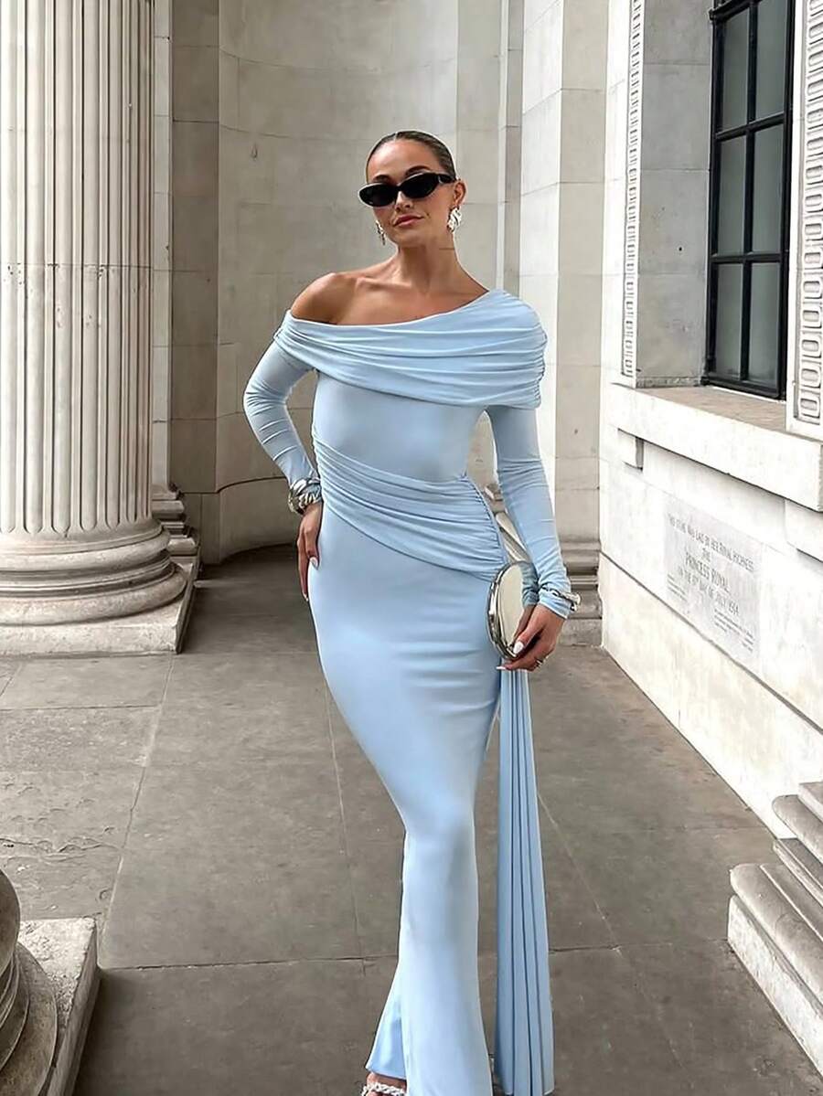 Vestido maxi ajustado con escote en V, manga larga, hombro asimétrico, volantes en el bajo, de color azul , para fiesta, Halloween o Navidad