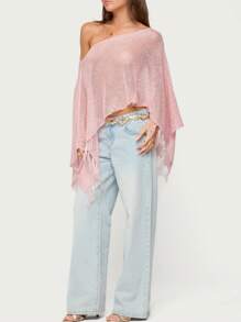Women Sheer Knit Poncho Top One Shoulder Lightweight Knit Shrug Bolero Solid Color Tassel Bat Sleeve Crochet Crop Sweater Top Sheer Mesh Knit Poncho Asymmetric Off Shoulder See-Through Knit Sweater Beach Cover Ups - 粉色 - 查看 3