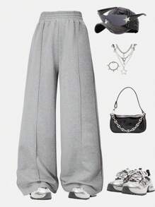 2pcs/Set Casual Loose Straight Leg Knit Solid Color Pants, Street Style For Girls