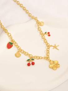 1 pièce Collier pendentif en alliage doré à la mode d'été avec combinaison de fleurs, cerises, fraises, coquillages, étoiles de mer. Convient pour un port quotidien, la plage, les fêtes, les festivals de musique. Longueur de chaîne ajustable.