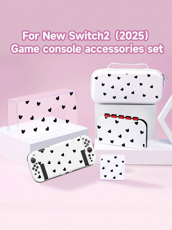 Cute Black Polka Dot Heart Pattern Switch 2 Compatible Gaming Console Accessories, New Gen 2 (2025) Accessories Set Including Console Protective Case, Dock Cover, Carrying Case, Dust Cover, Game Card + TF Card Slot, Stylish & Practical, Portable Stand, Travel Friendly, Anti-Drop, Anti-Scratch, Anti-Stain, Romantic Gift