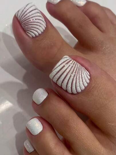 24Pcs Shiny Shell Pattern Nail Stickers, Suitable For Fingernails & Toenails, Convenient Daily Wear For Women Press On Nails Nail Supplies Nails