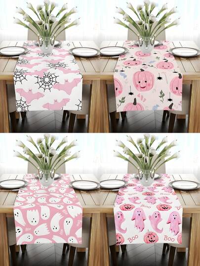 1pc Halloween Ghost And Spider Web Table Runner - Pink & Black Bat Silhouette Design, Durable Polyester Fabric For Kitchen Dining Table, Dresser Scarf, Spooky Home Decor, Seasonal Decoration, Playful Pattern, Quality Craftsmanship(Three Styles To Choose From)