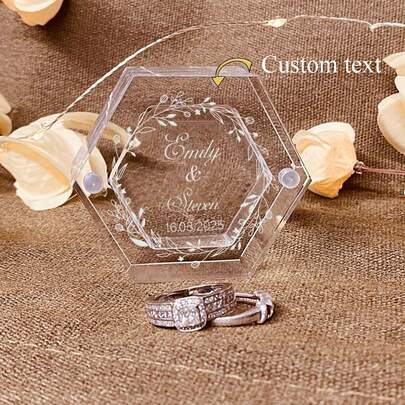 Personalized Acrylic Engraved Wedding Ring Box, Custom Hexagon Ring Box, Engagement Jewelry Ring Box, Bridal Ceremony Gift