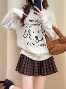 Alicedudu Women's Funny Animal Pattern Loose Fit Crew Neck Knit Sweater, Autumn/Winter