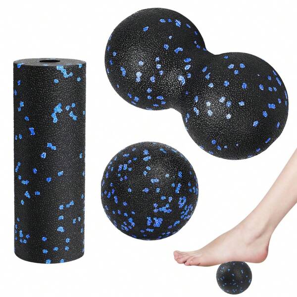 3pcs Yoga Foam Roller Set - Mini Foam Roller, Muscle Massage Rollers For Exercise Muscles Relief, Deep Tissue Relief & Relax Tight Muscles, Mini Foam Roller & Peanut Ball & Trigger Point, Black/Blue