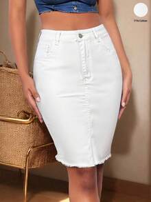 女士休闲毛边修身牛仔裙，弹力优雅性感及膝牛仔裙，适合所有季节 白色夏季 - 白色 - 查看 7