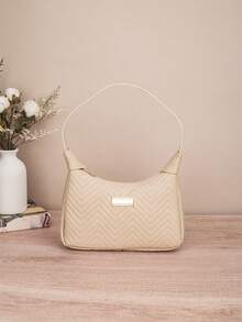 荔枝纹 PU 女包，时尚女士单肩包，纯色合成皮革手提包，拉链开合，带腕带，涤纶衬里，多功能腋下饺子包 - 有白色、黑色、粉色、卡其色、棕色可选