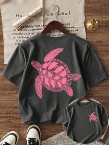 女童休闲印花圆领短袖T恤，适合学生夏季穿着，儿童服装 - 游泳海龟艺术风格T恤，激发想象力和自我表达！女童印花T恤，夏季上衣，青少年服装 - 深灰色 - 查看 1