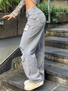 复古休闲中腰镂空做旧毛边斜插口袋直筒牛仔裤 - 灰色 - 查看 5