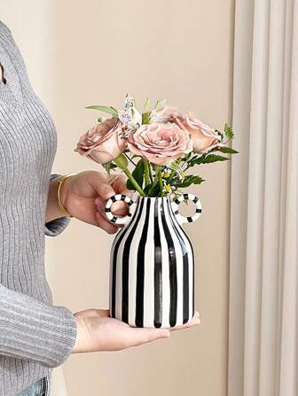 1pc Black & White Striped Ceramic Vase, Hand-Painted Modern Minimalist Boho Decor, Center Dining Table, Kitchen Desk, Bookshelf, Bedroom Aesthetic