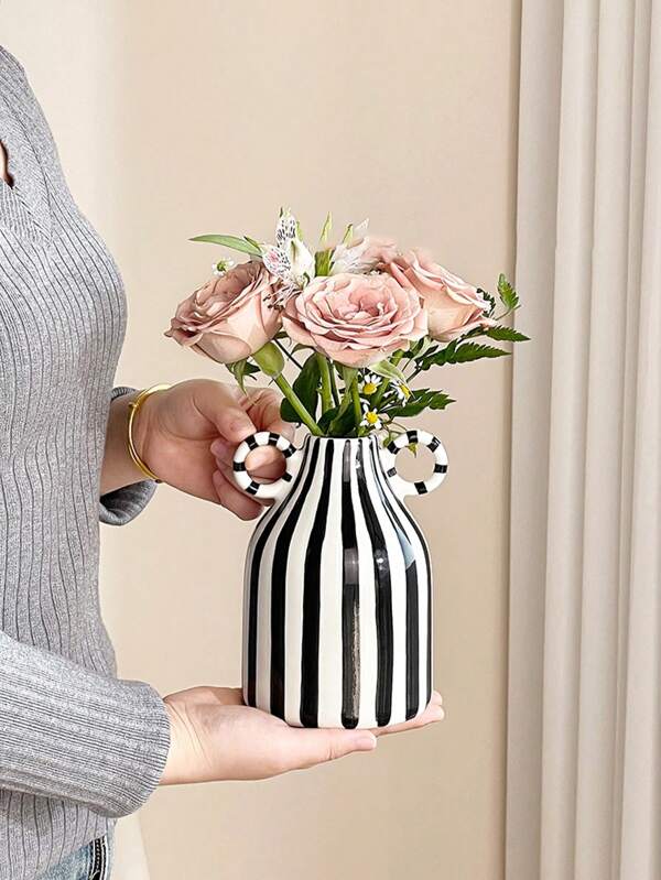 1 pièce Vase en céramique rayé noir et blanc, décoration boho minimaliste moderne peinte à la main, pour le centre de la table à manger, le bureau de la cuisine, la bibliothèque, la chambre à coucher