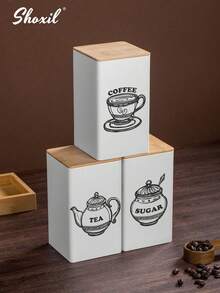 shoxil 1pc Square Coffee Storage Canister - Airtight Bamboo Lid & Metal Body, Suitable For Storing Coffee Beans, Tea Leaves Or Snacks, For Home Use/Coffee