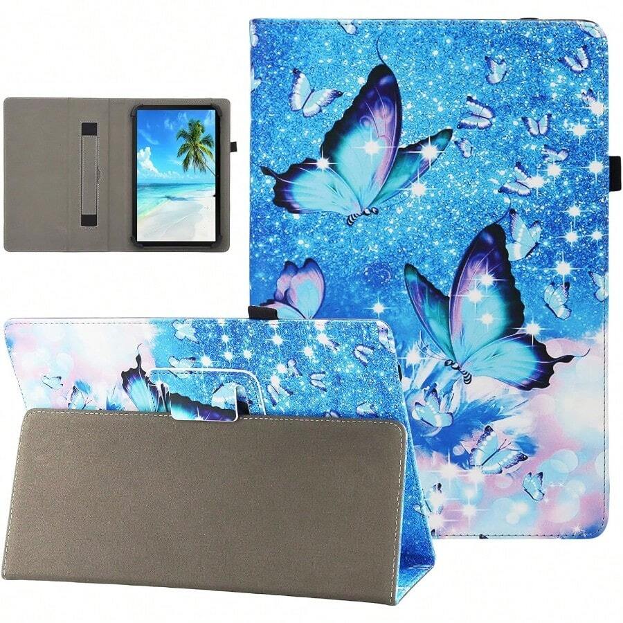LZUniversal 7 8 Inch Android Tablet Case Dluggs Slim Folding Stand Folio Leather Case Cover For 7.08.5 Inch Tablet With Hand Strap Blue Butterfly1510 - 藍色蝴蝶 - 查看 1