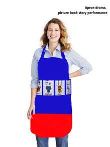 hoojojo 1 Peça Avental Criativo, Azul, Amarelo, Tamanho, Avental com Bolso, Avental de Drama, Livro de Imagens de Histórias, Adereços de Narração de Histórias, Adereços de Jogos Interativos, Família, Sala de Aula, Festa, Materiais Didáticos, Volta às Aulas