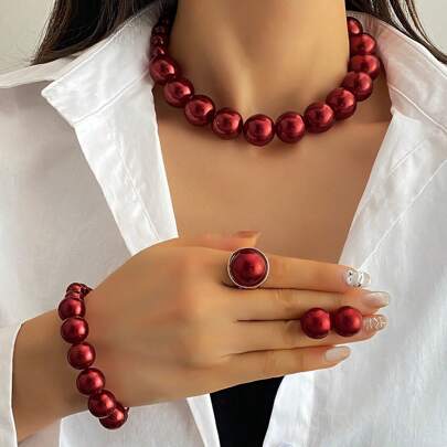 5 Peças Conjunto de Pérolas Feminino, Anéis, Brincos, Pulseiras, Colares, Uso Diário