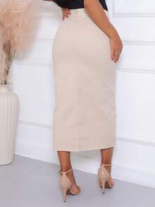 Beige, Black And Pink Denim Midi Skirt - Kem - Xem 2
