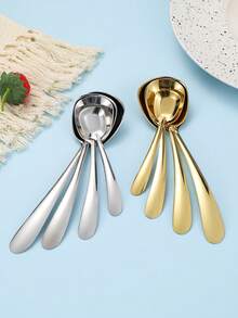 4pcs Stainless Steel Angled Handle Flat Spoon, Korean Style Ingot Shaped Dessert Spoons, Household Use - Multicolor - View 8