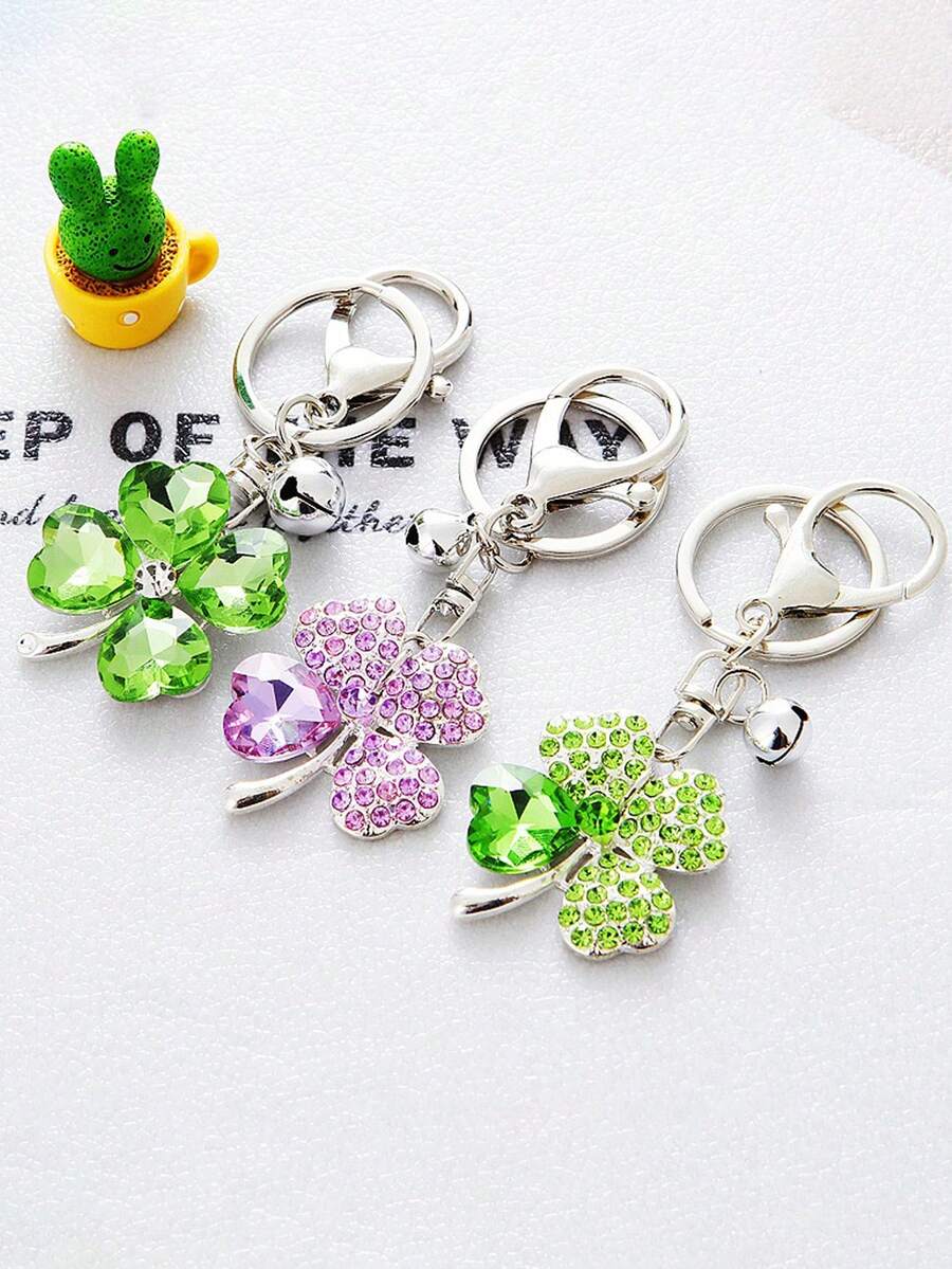 1pc Crystal Four-Leaf Clover Flower Metal Keychain With Rhinestone Decor, Cute Car Keyring Or Purse Charm Business Gift - Multicolor - View 1