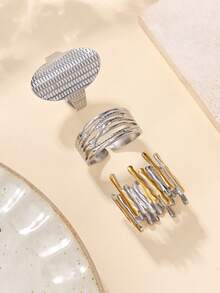 3 Pcs/Set Gold & Silver Tone Multilayer Stainless Steel Rings, Exaggerated Fashion Jewelry, Suitable For Women's Daily Decoration Or Gift - Multicolor - View 3