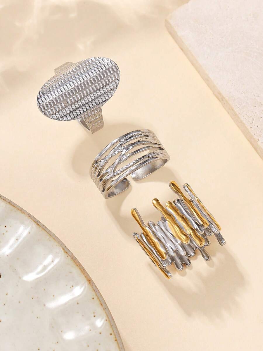 3pcs Stainless Steel Gold And Silver Multi-Layer Rings Set For Women, Exaggerated Fashion, Suitable For Women's Daily Decoration Or Gift - Multicolor - View 1