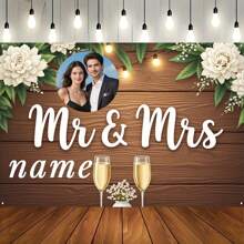 1 件可定制的先生和夫人婚礼背景,乡村木质设计,白色绣球花和桉树,个性化姓名,婚礼,周年纪念,生日,照片亭装饰,情侣周年庆典 - 彩色 - 查看 7