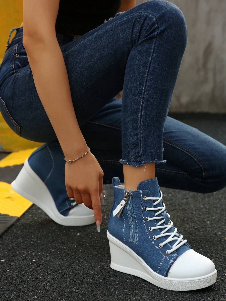 New Wedge Heel Thick Sole Hidden Height Women's Shoes, Side Zipper Design Daily Versatile Casual Shoes - Blue - View 1