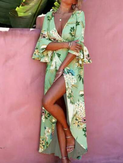 Dames all-over botanische bladeren en bloemenprint Boho gebreide stof taille strik ruche rand criss-cross jurk, voor dagelijkse theekransjes, reizen, wereldwijd