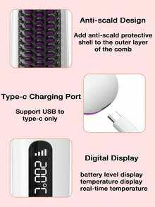 便携式无绳直发梳，带负离子的便携式直发梳，女士热梳直发器，轻巧迷你，方便携带，充满电后可使用约 20 分钟