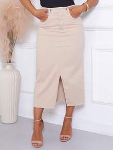 Beige, Black And Pink Denim Midi Skirt - Kem - Xem 1