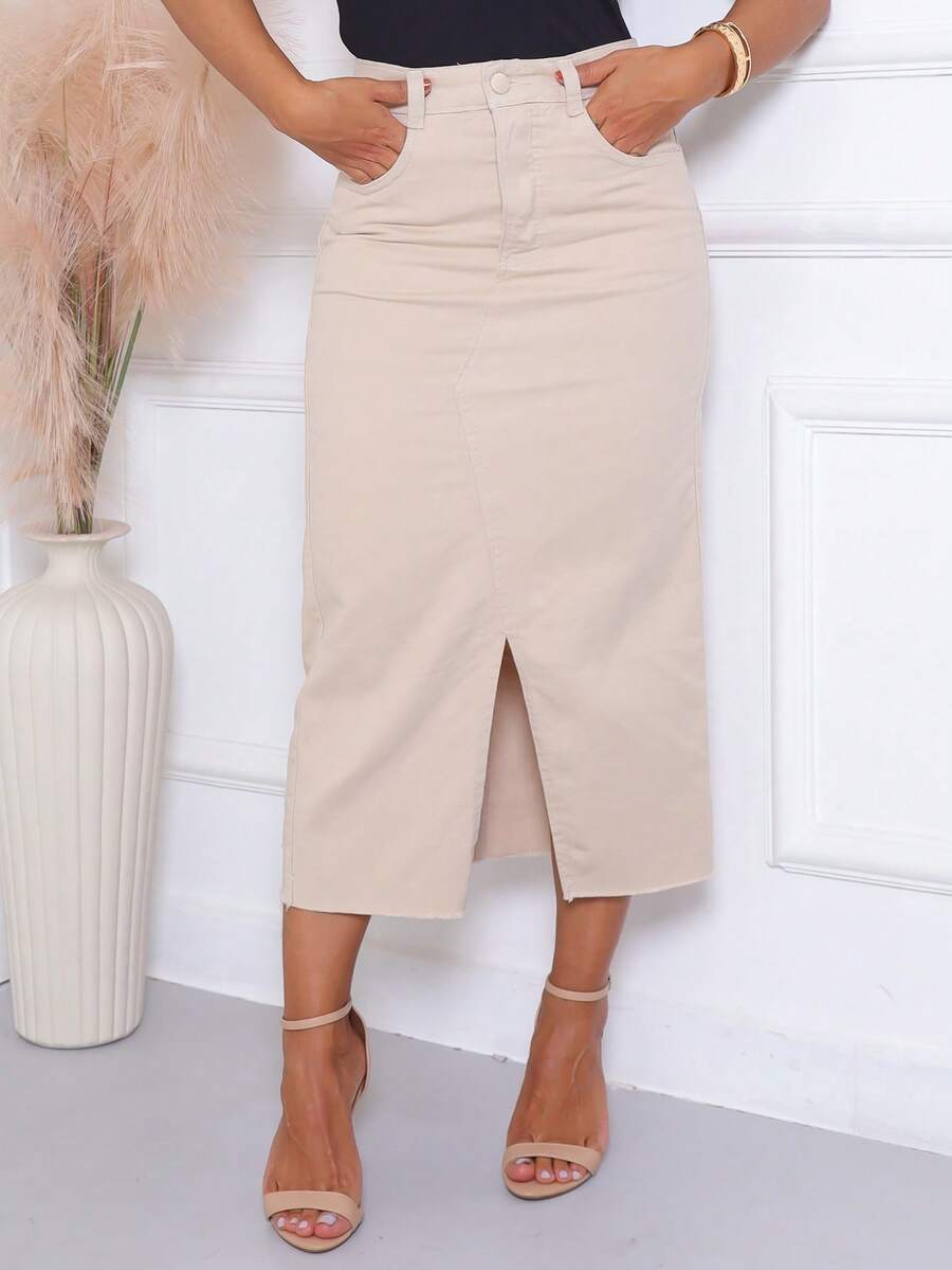 Beige, Black And Pink Denim Midi Skirt - Kem - Xem 1