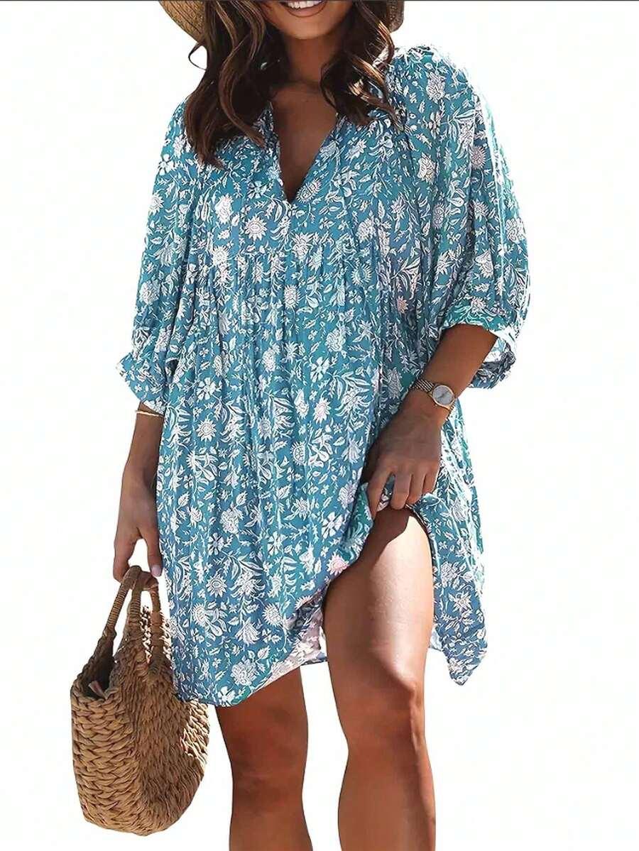 Plus Size Women's Spring And Summer Bohemian Style V-Neck Fashionable Casual Loose Beach Floral Dress Women's Clothing