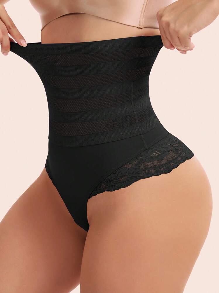 JUQDNX 撞色蕾丝塑形丁字裤，高腰收腹提拉塑形内裤，女士内衣塑身衣 - 黑色 - 查看 1