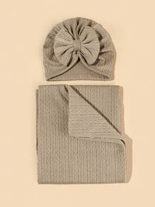 2件套新生儿婴儿襁褓毯和帽子套装，婴儿包巾毯和针织帽套装，适合0-6个月的女婴 - 彩色 - 查看 15