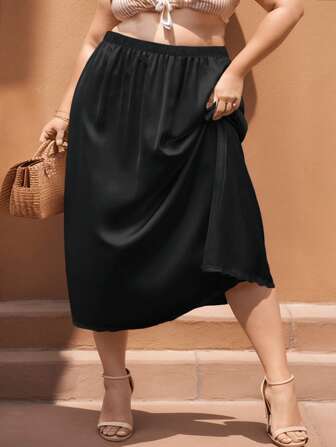 QING ROU Black Satin Contrast Lace Lining Slip Half Slip Skirt, Anti-Sheer Anti-Flashing Ruffle Hem A-Line Skirt, Match And Wear Together